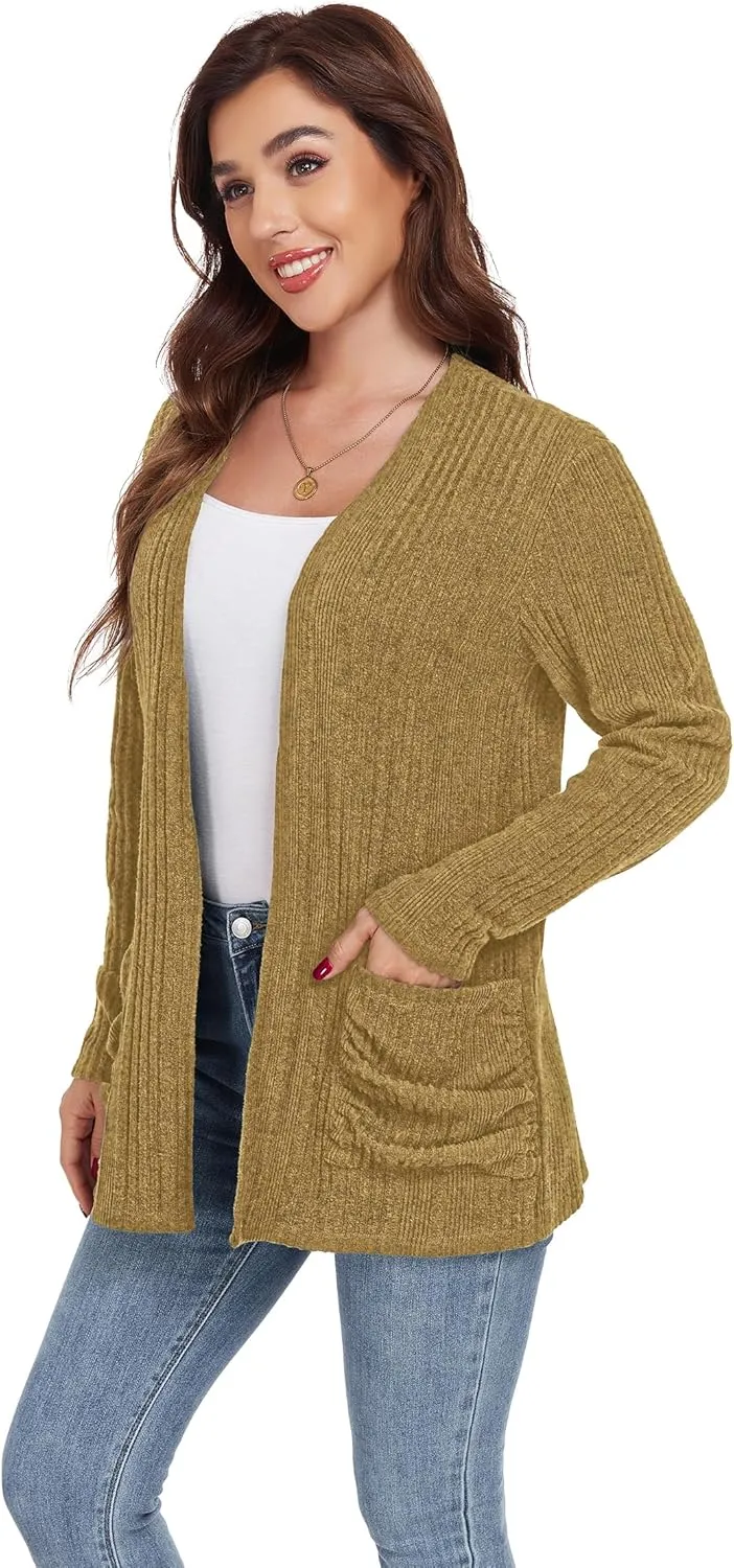 GRECERELLE Womens 2024 Long Sleeve Lightweight Open Front Casual Cardigan Sweaters Outerwear with Pockets