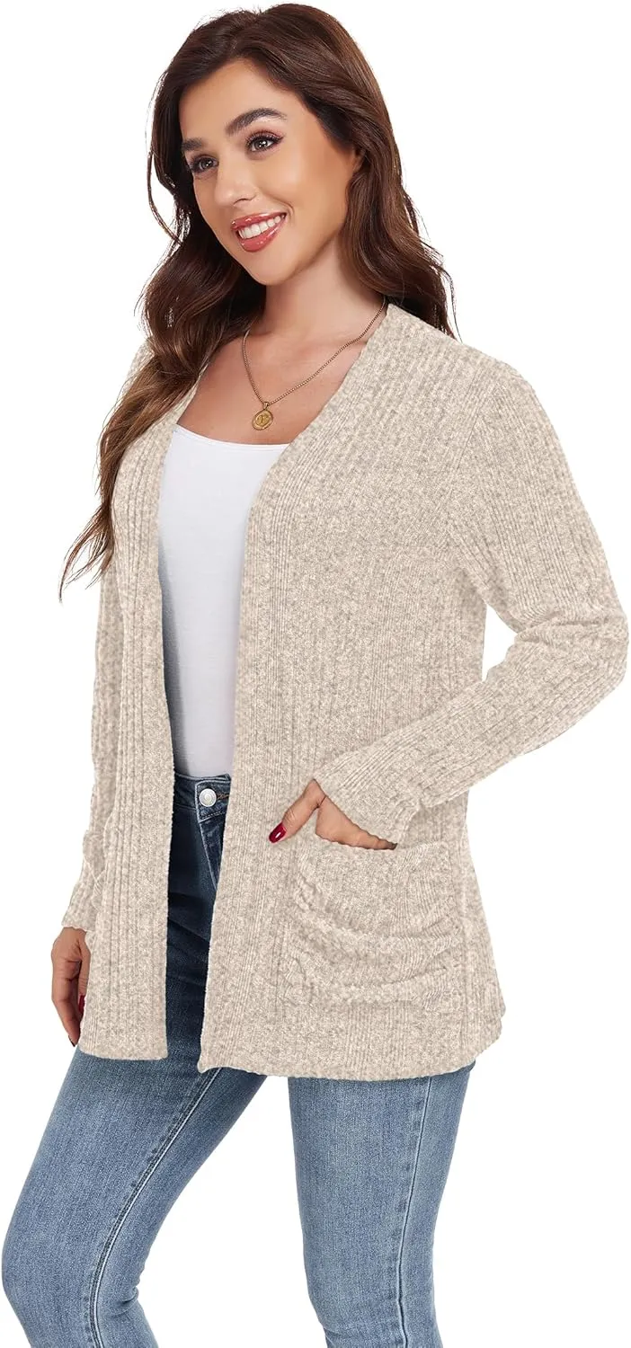 GRECERELLE Womens 2024 Long Sleeve Lightweight Open Front Casual Cardigan Sweaters Outerwear with Pockets
