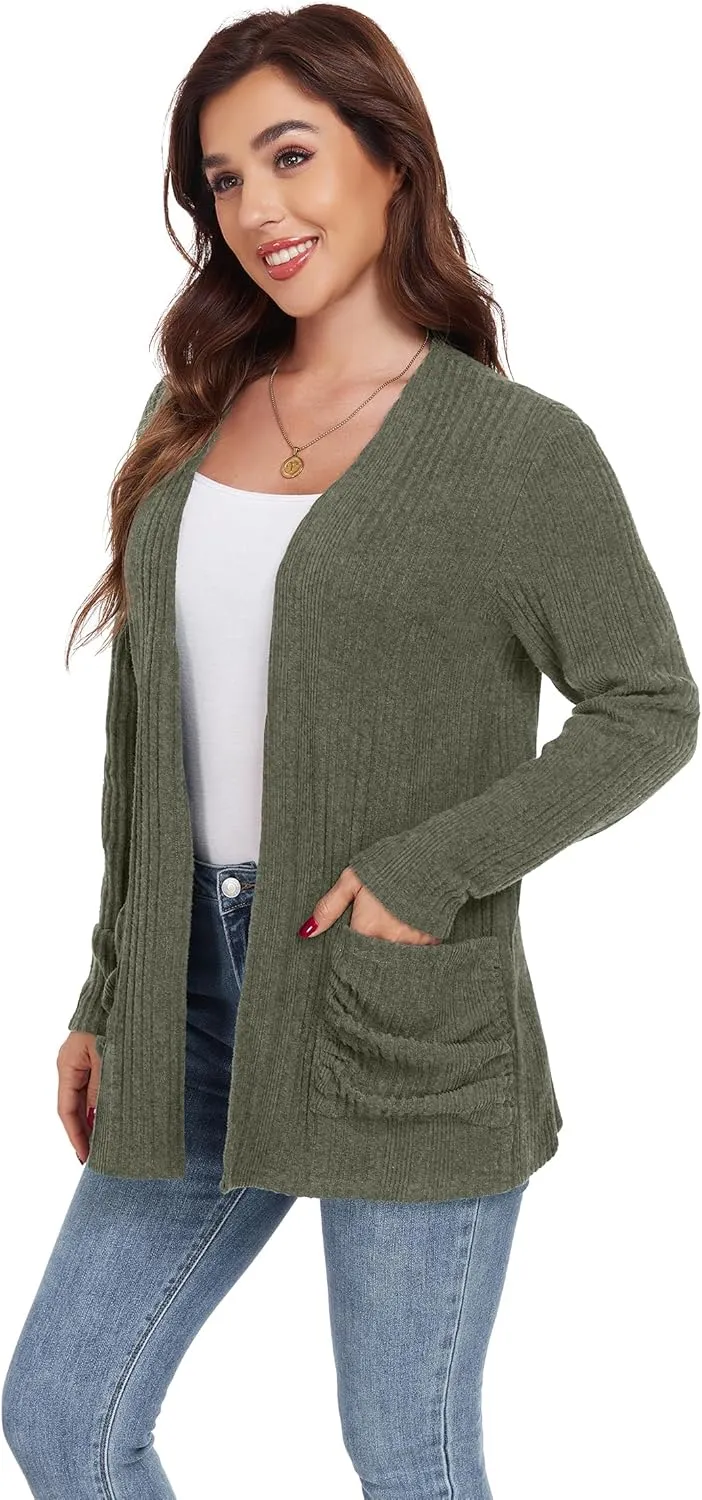 GRECERELLE Womens 2024 Long Sleeve Lightweight Open Front Casual Cardigan Sweaters Outerwear with Pockets