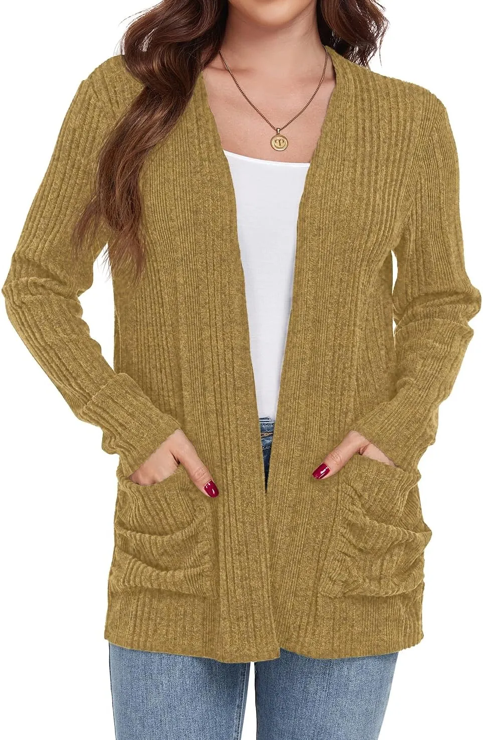 GRECERELLE Womens 2024 Long Sleeve Lightweight Open Front Casual Cardigan Sweaters Outerwear with Pockets