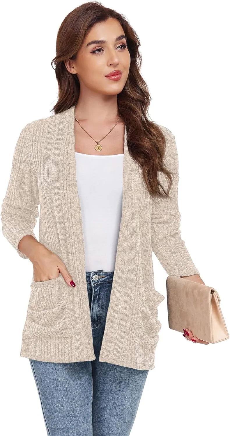 GRECERELLE Womens 2024 Long Sleeve Lightweight Open Front Casual Cardigan Sweaters Outerwear with Pockets