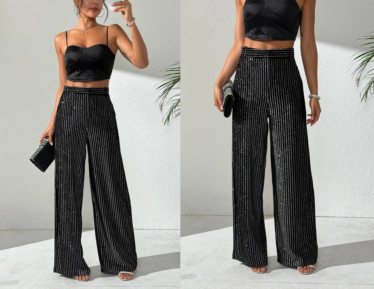 heipeiwa Women's Rhinestone Stripes Velvet Palazzo Pants High Waist Wide Leg Sparkle Shiny Sequin Trouser