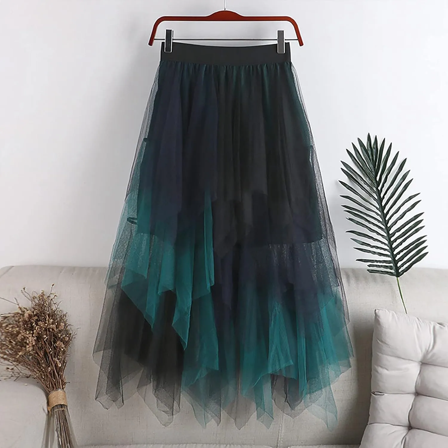 High Low Tulle Skirt Women Mesh Layered Pleated Fairy Dress Asymmetrical A-Line Midi Skirt Plus Size Y2K Witch Skirt