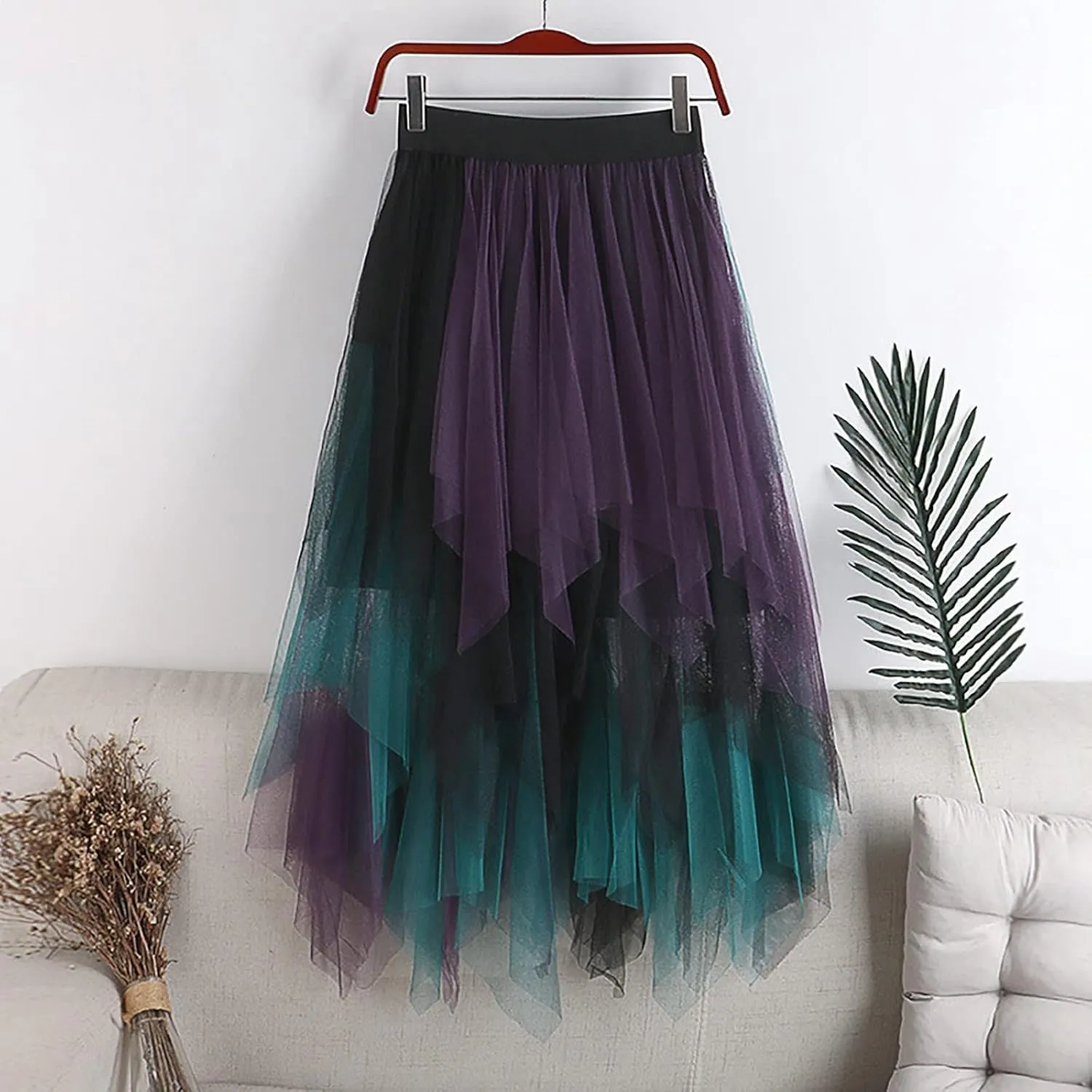 High Low Tulle Skirt Women Mesh Layered Pleated Fairy Dress Asymmetrical A-Line Midi Skirt Plus Size Y2K Witch Skirt