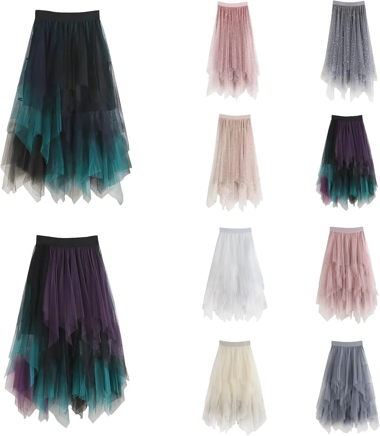 High Low Tulle Skirt Women Mesh Layered Pleated Fairy Dress Asymmetrical A-Line Midi Skirt Plus Size Y2K Witch Skirt