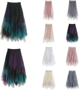 High Low Tulle Skirt Women Mesh Layered Pleated Fairy Dress Asymmetrical A-Line Midi Skirt Plus Size Y2K Witch Skirt