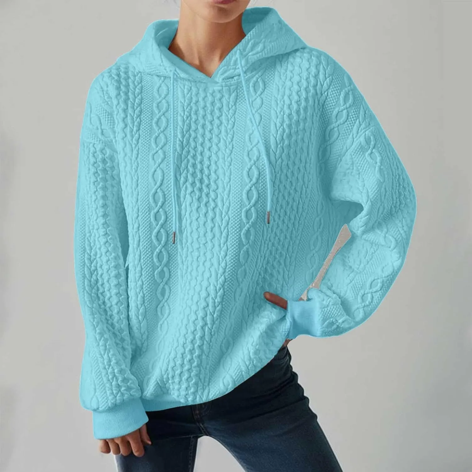 Hooded Sweatshirt Women Pullover Drawstring Loose Sweaters Trendy Oversized Long Sleeve Shirt Solid Top with Pocket