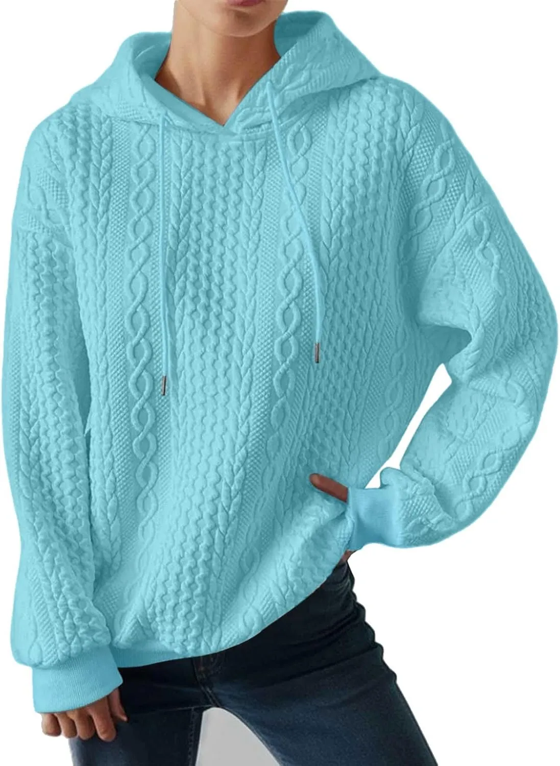 Hooded Sweatshirt Women Pullover Drawstring Loose Sweaters Trendy Oversized Long Sleeve Shirt Solid Top with Pocket