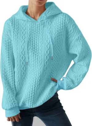 Hooded Sweatshirt Women Pullover Drawstring Loose Sweaters Trendy Oversized Long Sleeve Shirt Solid Top with Pocket