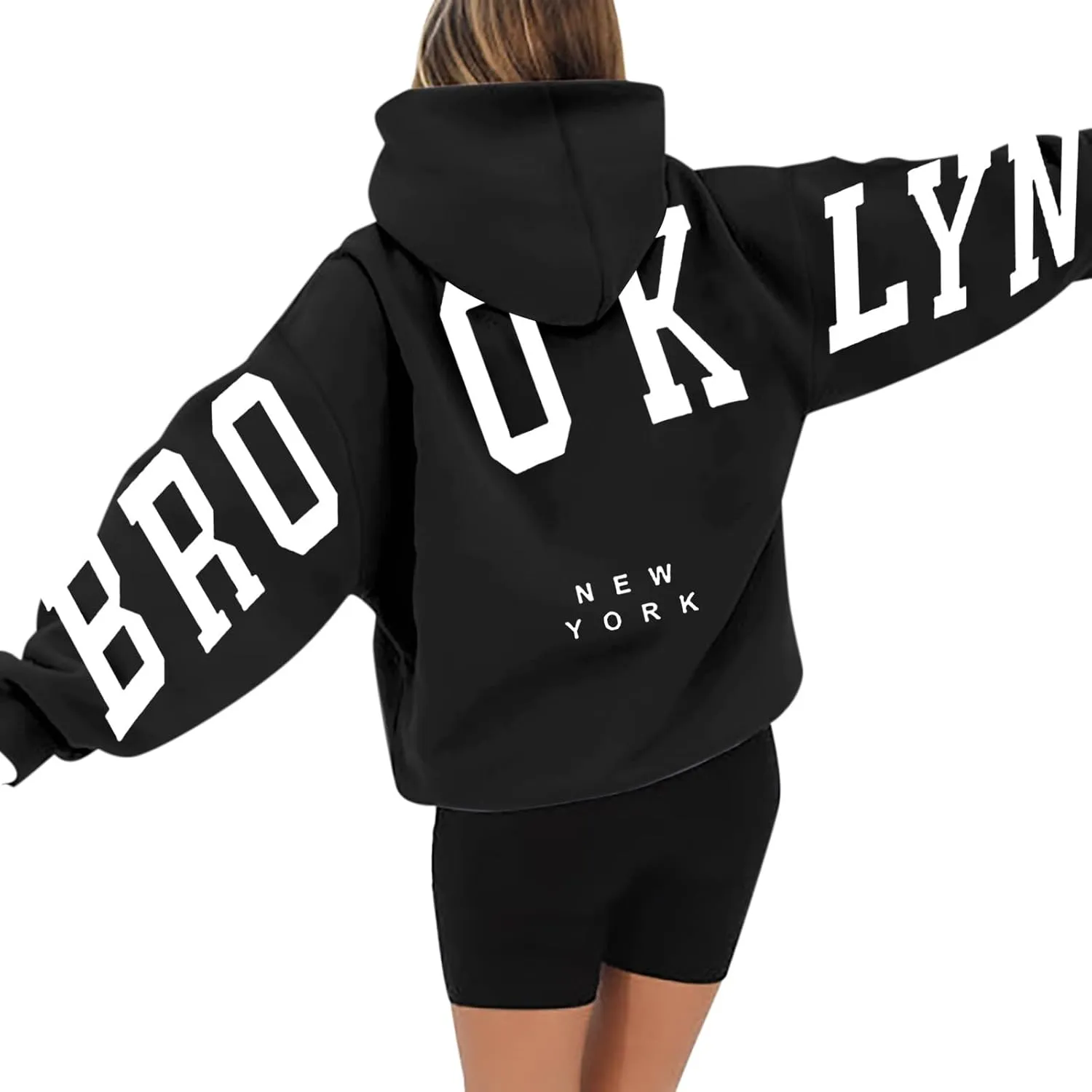 Hoodie Women Long Sleeve Sweatshirts New York U.S.A. Printed Hoodie Pocket Drop Shoulder Pullovers Top