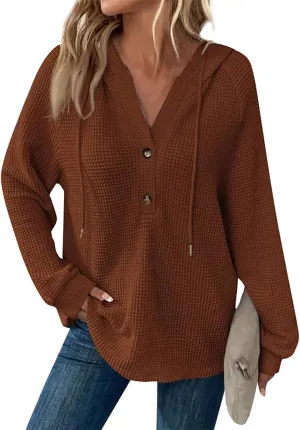 Hoodies for Women Button V Neck Waffle Knit Tops Long Sleeve Shirts Fall Casual Comfy Pullover Sweatshirt Hooded Tops