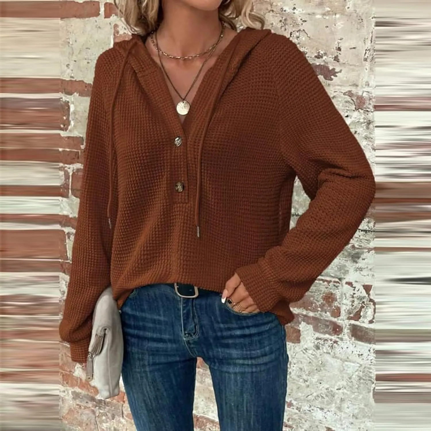 Hoodies for Women Button V Neck Waffle Knit Tops Long Sleeve Shirts Fall Casual Comfy Pullover Sweatshirt Hooded Tops