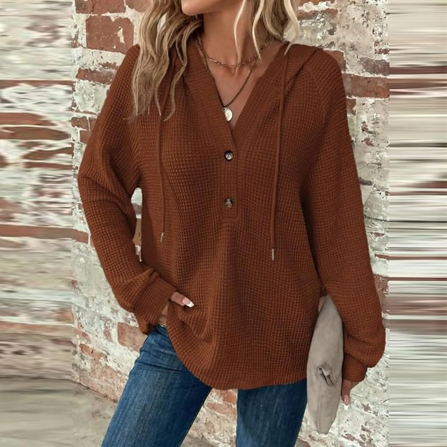 Hoodies for Women Button V Neck Waffle Knit Tops Long Sleeve Shirts Fall Casual Comfy Pullover Sweatshirt Hooded Tops