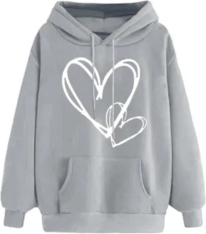 Hoodies for Women Trendy Heart Print Long Sleeve Drawstring Pullover Tops Oversized Casual Sweatshirts with Pocket