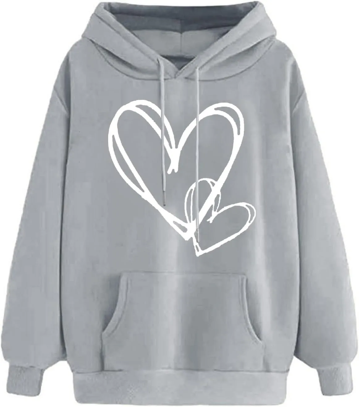 Hoodies for Women Trendy Heart Print Long Sleeve Drawstring Pullover Tops Oversized Casual Sweatshirts with Pocket