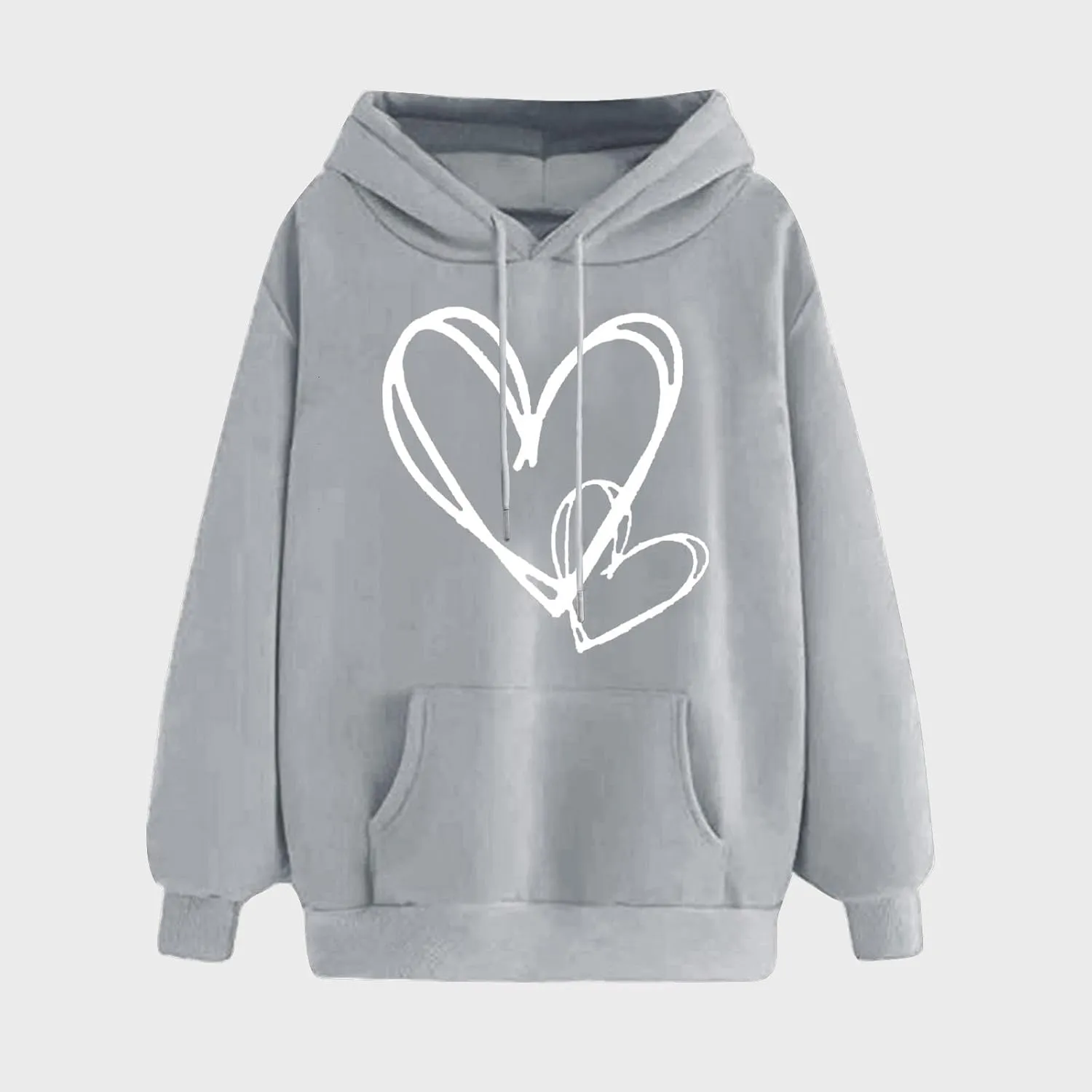 Hoodies for Women Trendy Heart Print Long Sleeve Drawstring Pullover Tops Oversized Casual Sweatshirts with Pocket