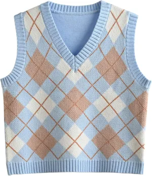 Hyipels Women's Sweater Vest,Y2K Sleeveless Pattern Preppy Style Knitted Crop Tank Top for Girl