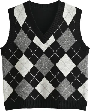 Hyipels Women's Sweater Vest,Y2K Sleeveless Pattern Preppy Style Knitted Crop Tank Top for Girl