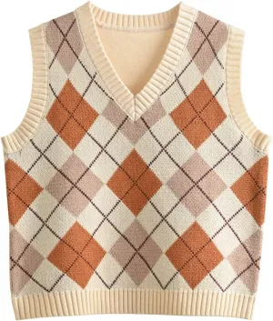 Hyipels Women's Sweater Vest,Y2K Sleeveless Pattern Preppy Style Knitted Crop Tank Top for Girl