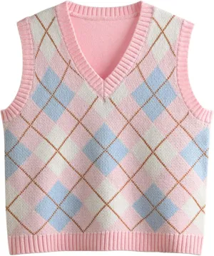Hyipels Women's Sweater Vest,Y2K Sleeveless Pattern Preppy Style Knitted Crop Tank Top for Girl