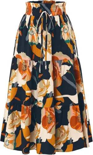 IDEALSANXUN Floral Skirts for Women Trendy Spring Summer Casual Flowy A Line Tiered Elastic High Waisted Boho Midi Skirt