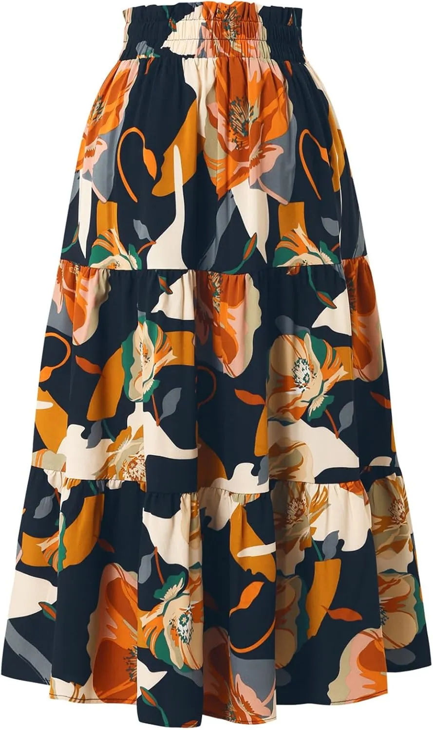 IDEALSANXUN Floral Skirts for Women Trendy Spring Summer Casual Flowy A Line Tiered Elastic High Waisted Boho Midi Skirt