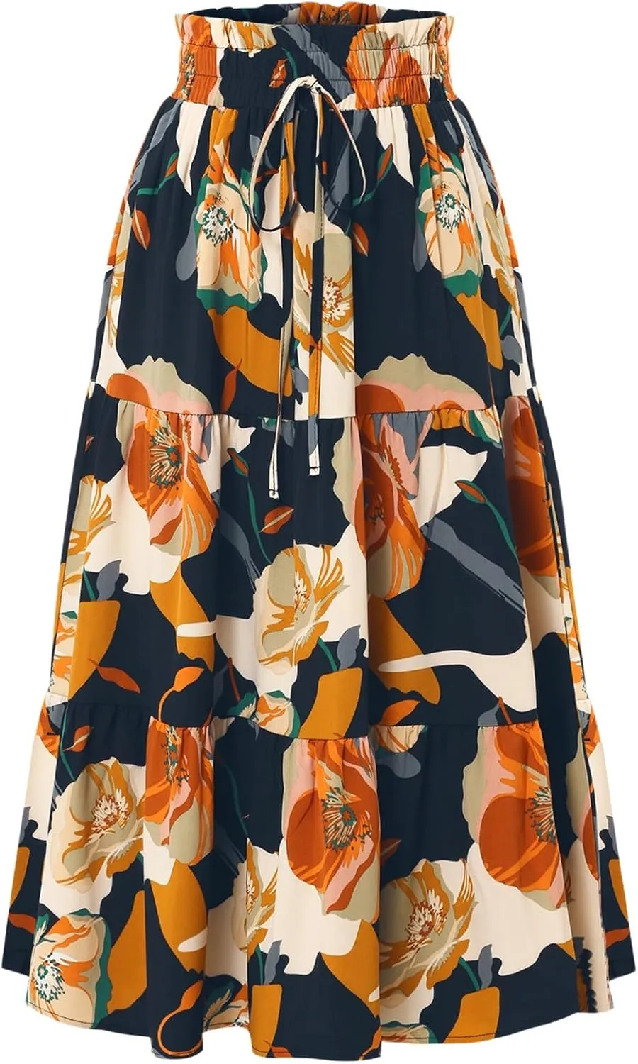 IDEALSANXUN Floral Skirts for Women Trendy Spring Summer Casual Flowy A Line Tiered Elastic High Waisted Boho Midi Skirt