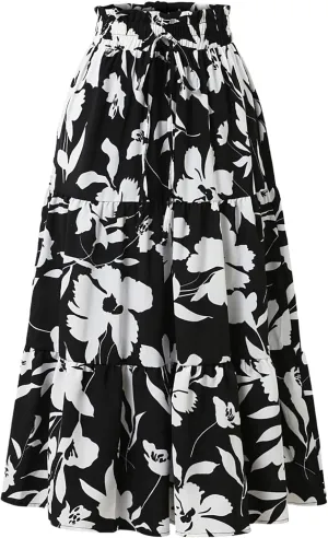 IDEALSANXUN Floral Skirts for Women Trendy Spring Summer Flowy A Line Elastic High Waisted Tiered Flower Boho Midi Skirt