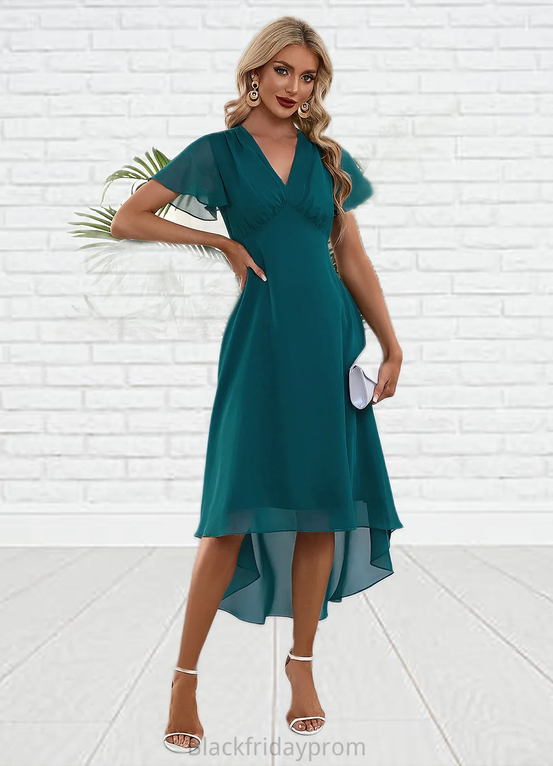 Ina V-Neck Elegant A-line Chiffon Asymmetrical Midi Dresses BF2P0022495