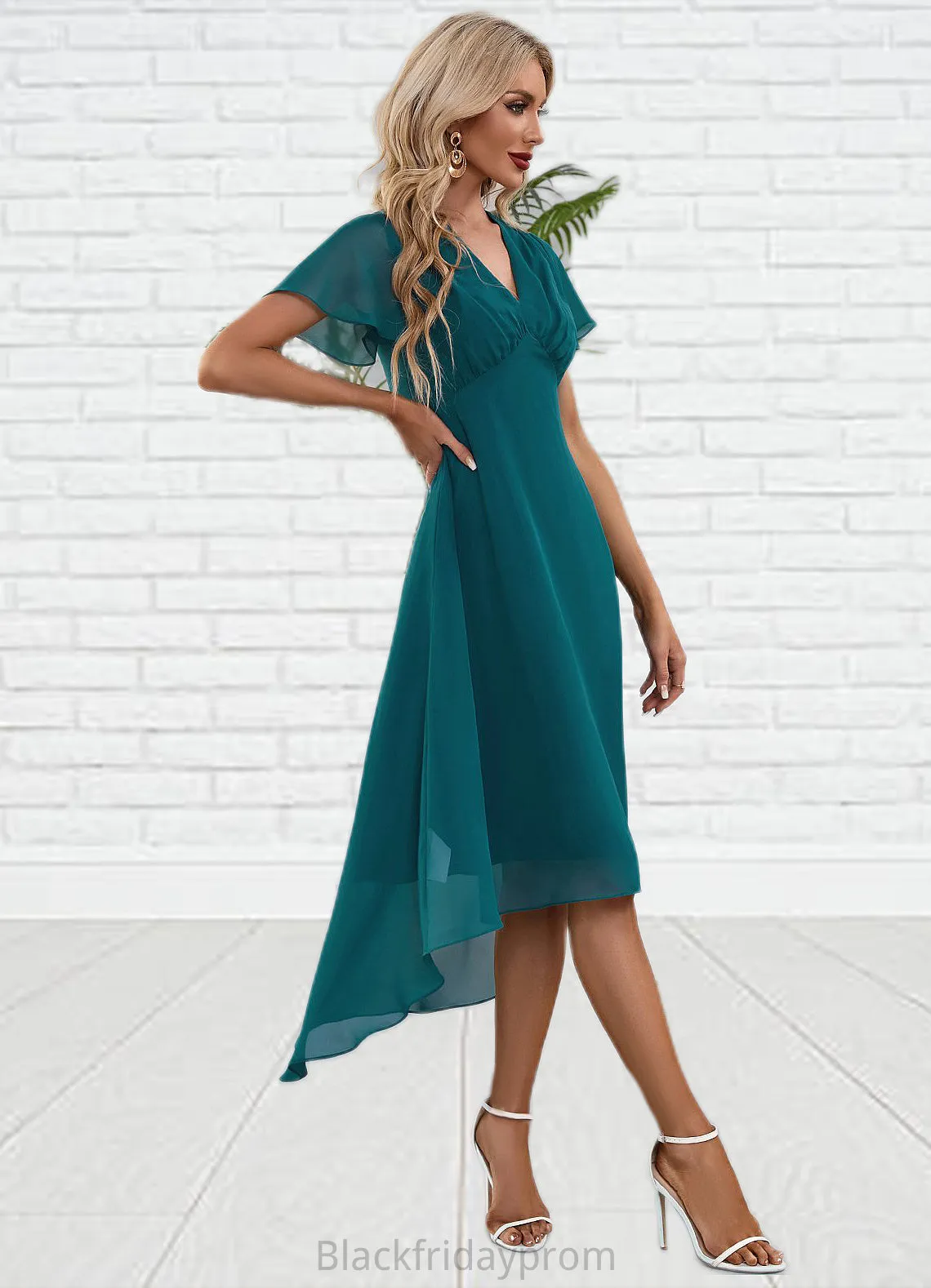 Ina V-Neck Elegant A-line Chiffon Asymmetrical Midi Dresses BF2P0022495