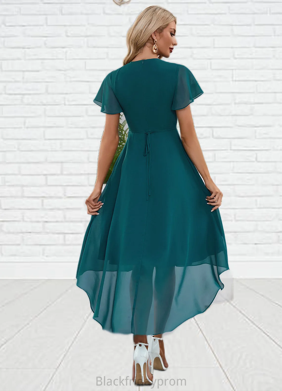 Ina V-Neck Elegant A-line Chiffon Asymmetrical Midi Dresses BF2P0022495