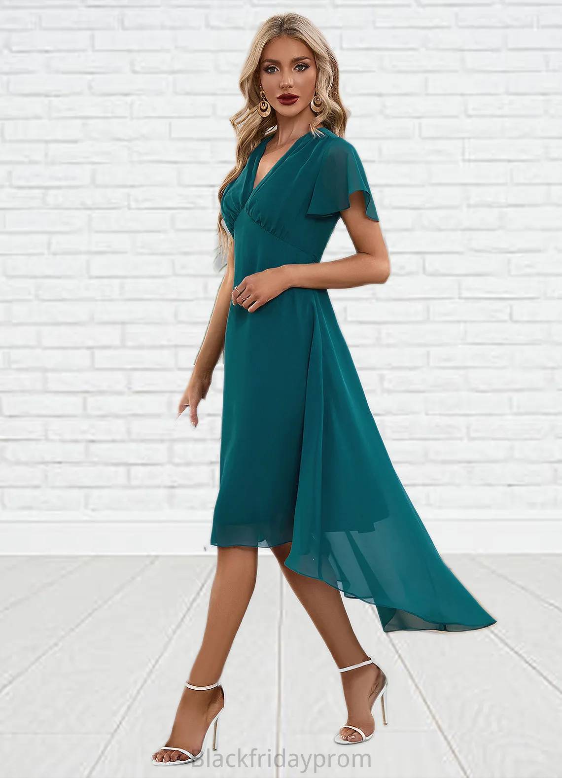 Ina V-Neck Elegant A-line Chiffon Asymmetrical Midi Dresses BF2P0022495