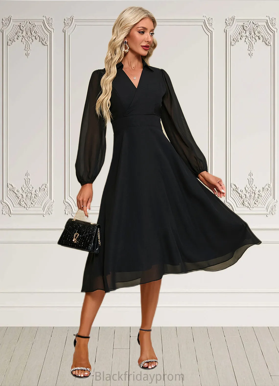 Izabelle V-Neck Elegant A-line Chiffon Midi Dresses BF2P0022291