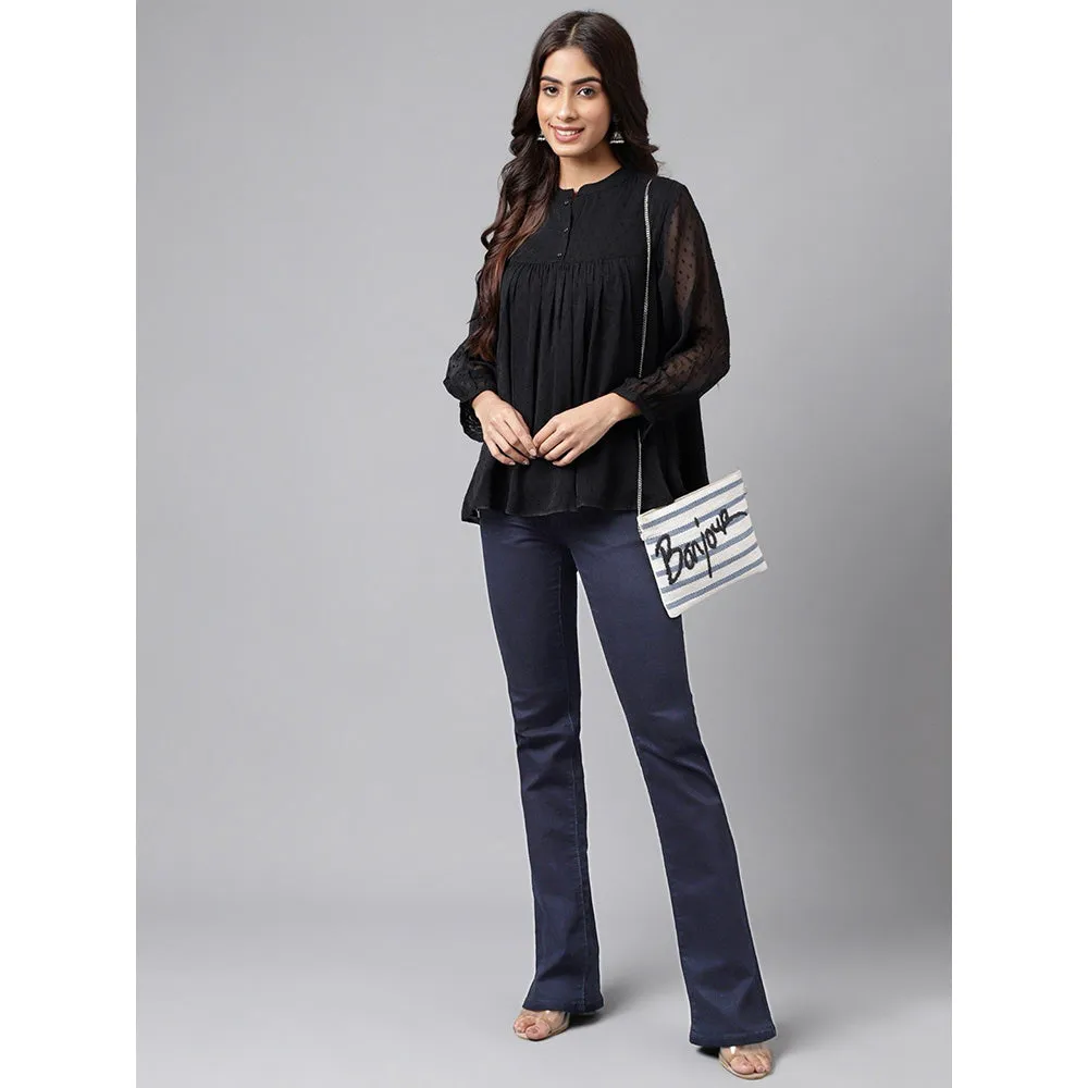 Janasya Womens Black Dobby Chiffon Solid Empire Top