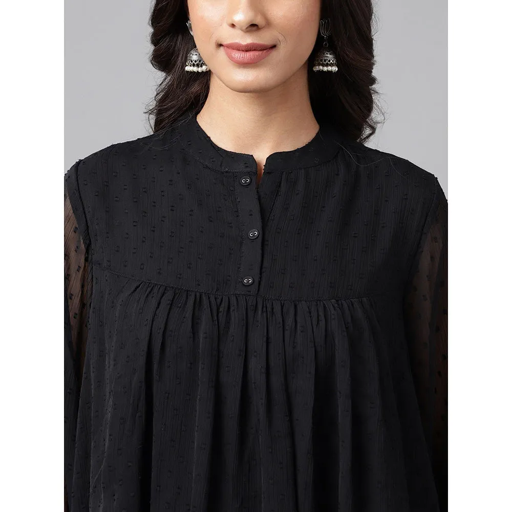 Janasya Womens Black Dobby Chiffon Solid Empire Top