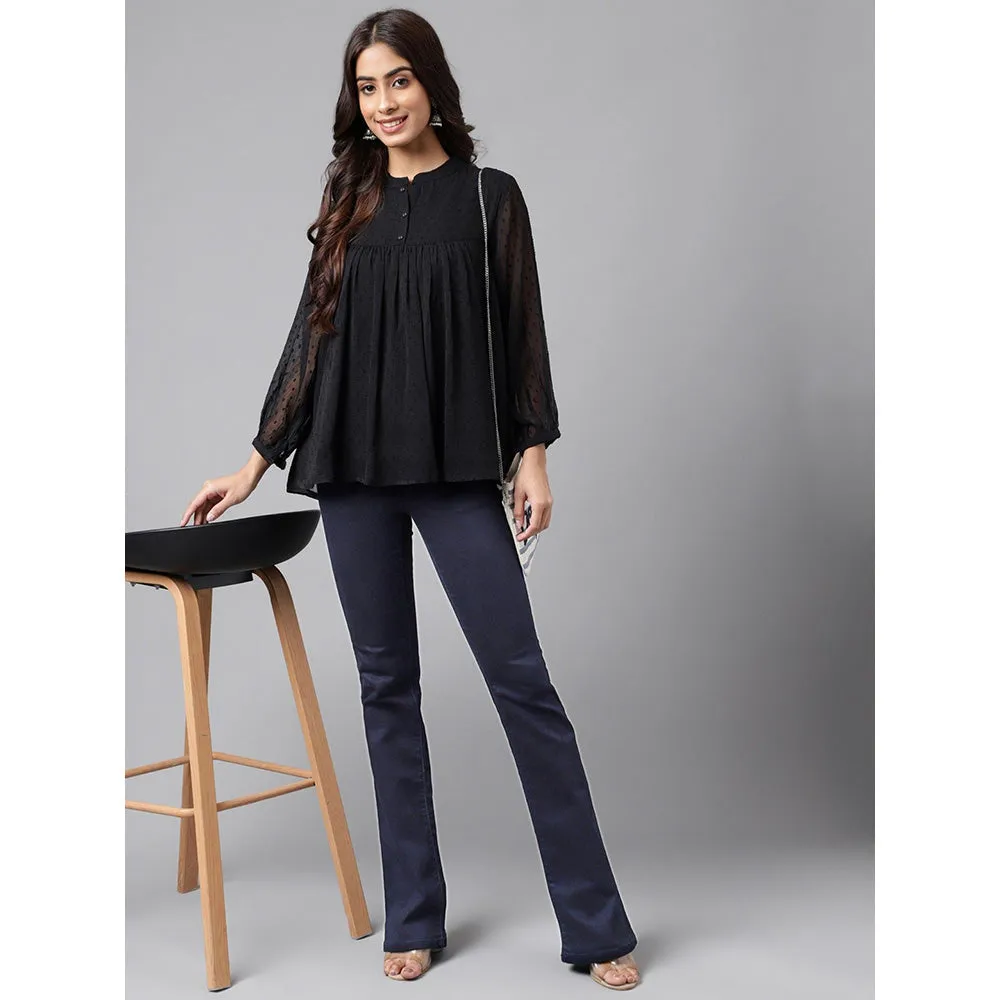 Janasya Womens Black Dobby Chiffon Solid Empire Top
