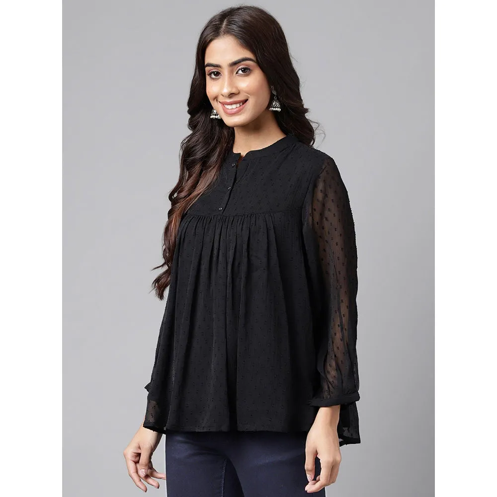 Janasya Womens Black Dobby Chiffon Solid Empire Top