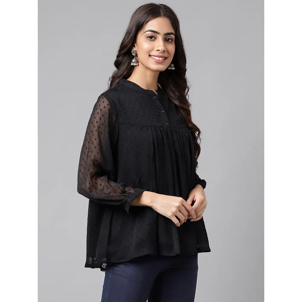 Janasya Womens Black Dobby Chiffon Solid Empire Top