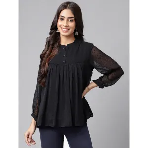 Janasya Womens Black Dobby Chiffon Solid Empire Top