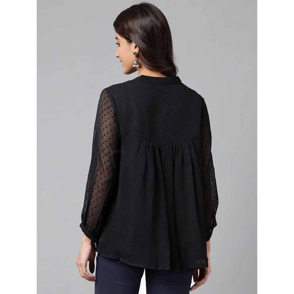 Janasya Womens Black Dobby Chiffon Solid Empire Top