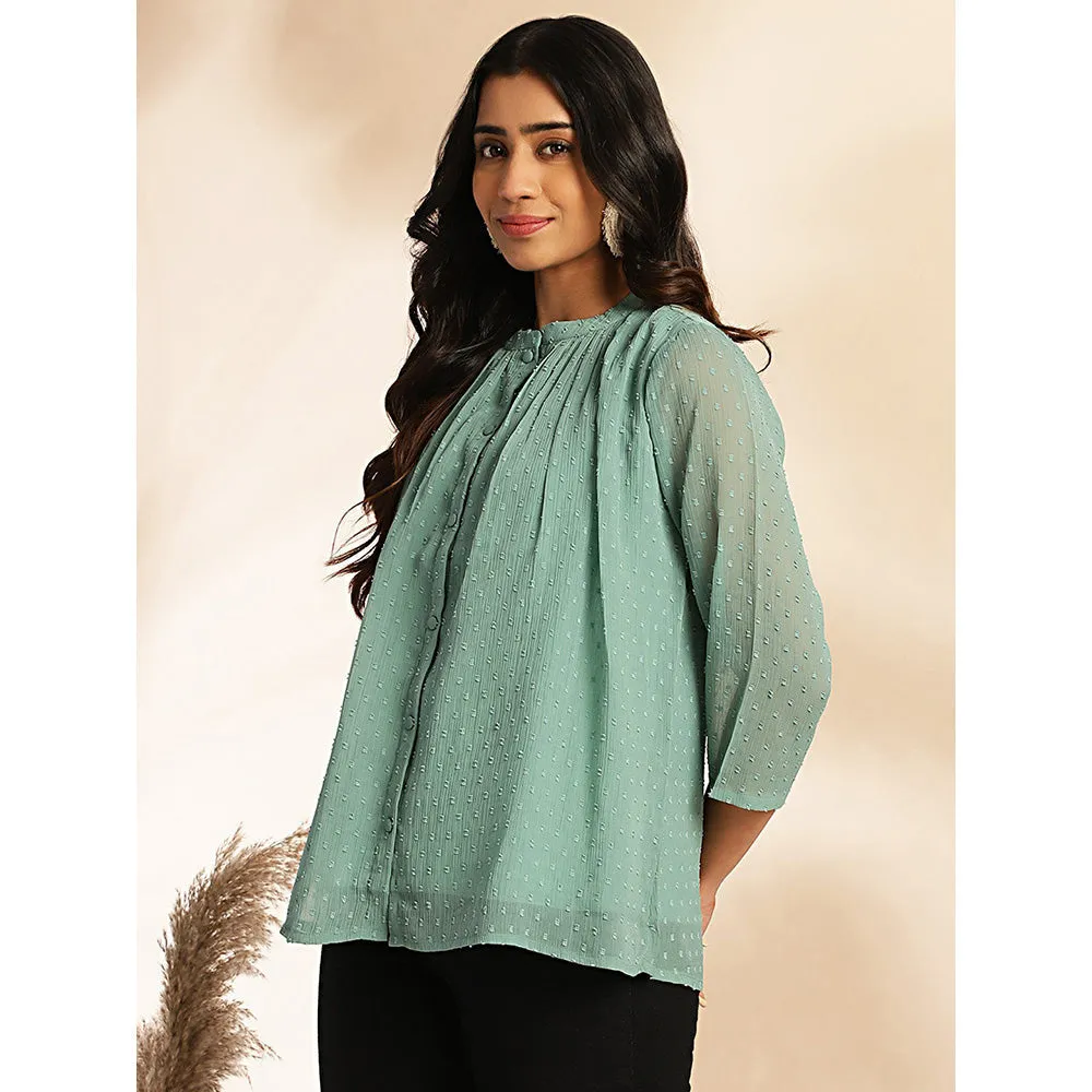 Janasya Womens Sage Dobby Chiffon Woven Design Regular Top