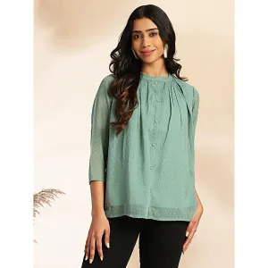 Janasya Womens Sage Dobby Chiffon Woven Design Regular Top