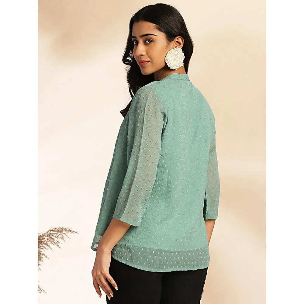Janasya Womens Sage Dobby Chiffon Woven Design Regular Top