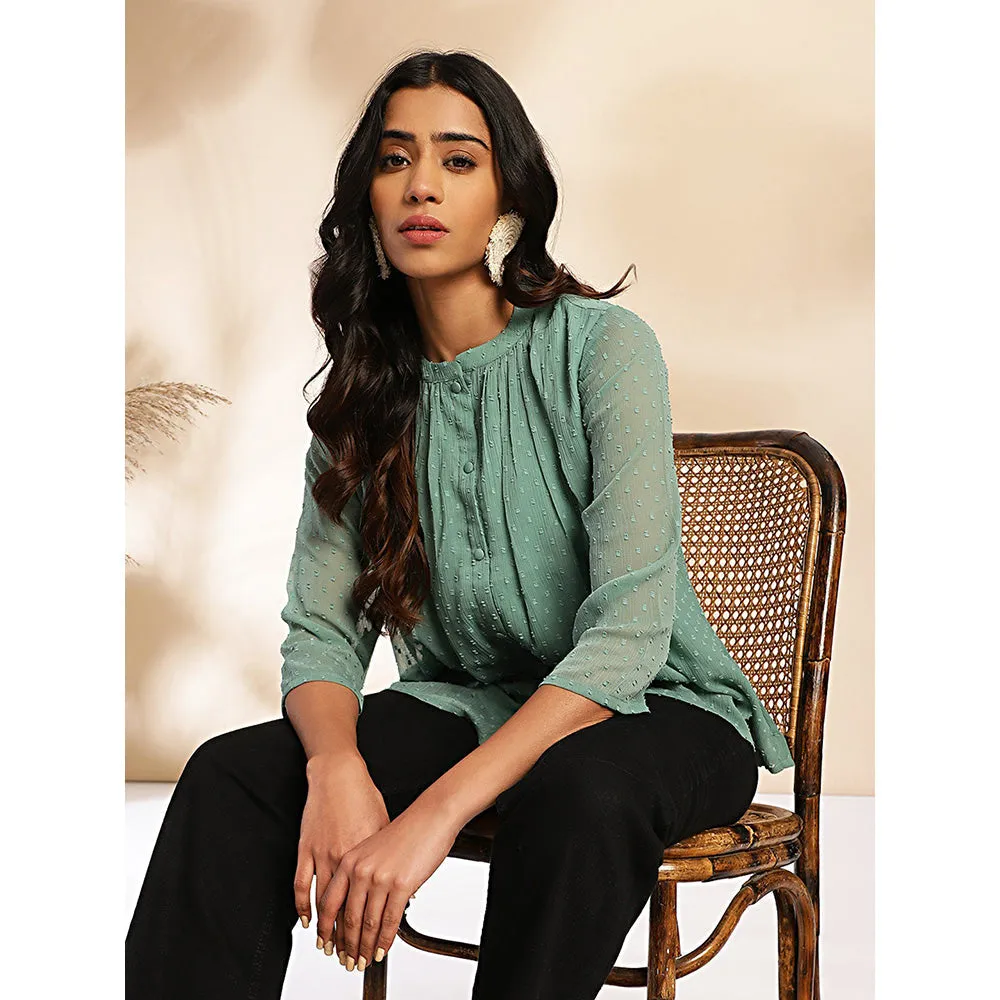 Janasya Womens Sage Dobby Chiffon Woven Design Regular Top