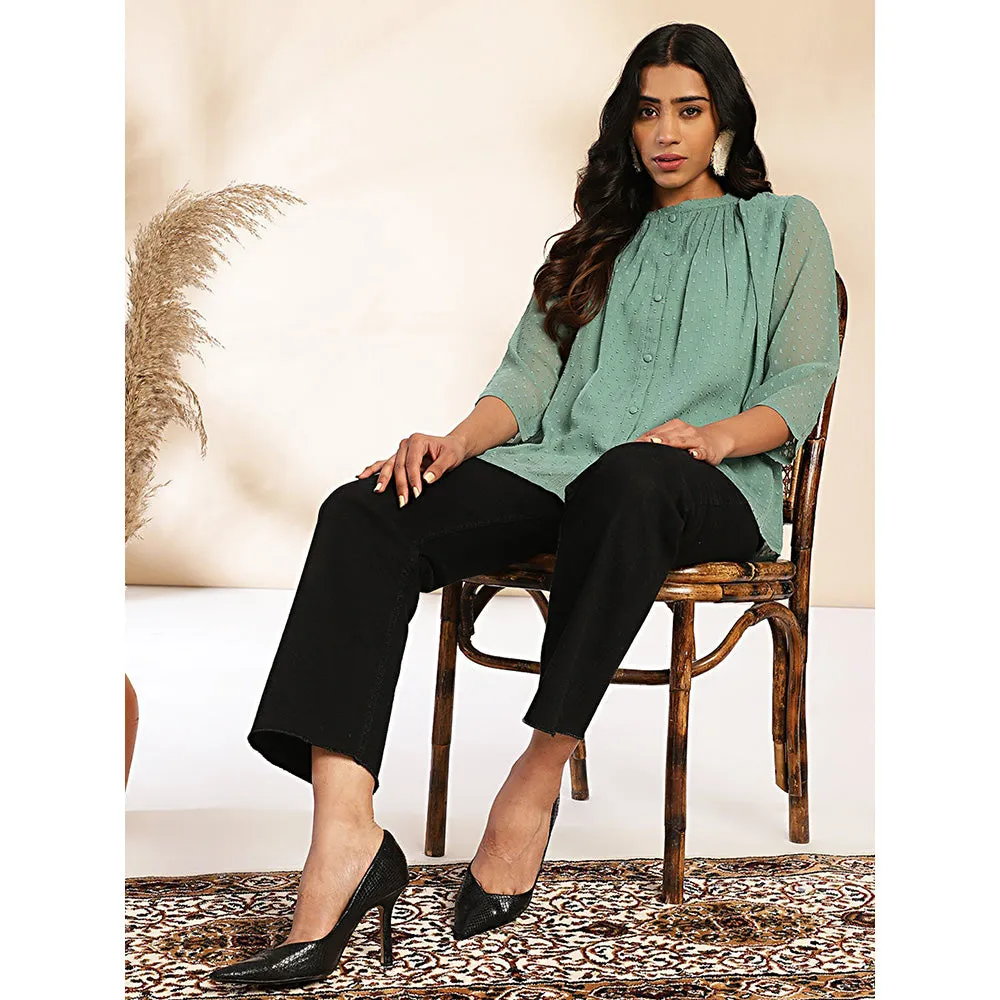 Janasya Womens Sage Dobby Chiffon Woven Design Regular Top