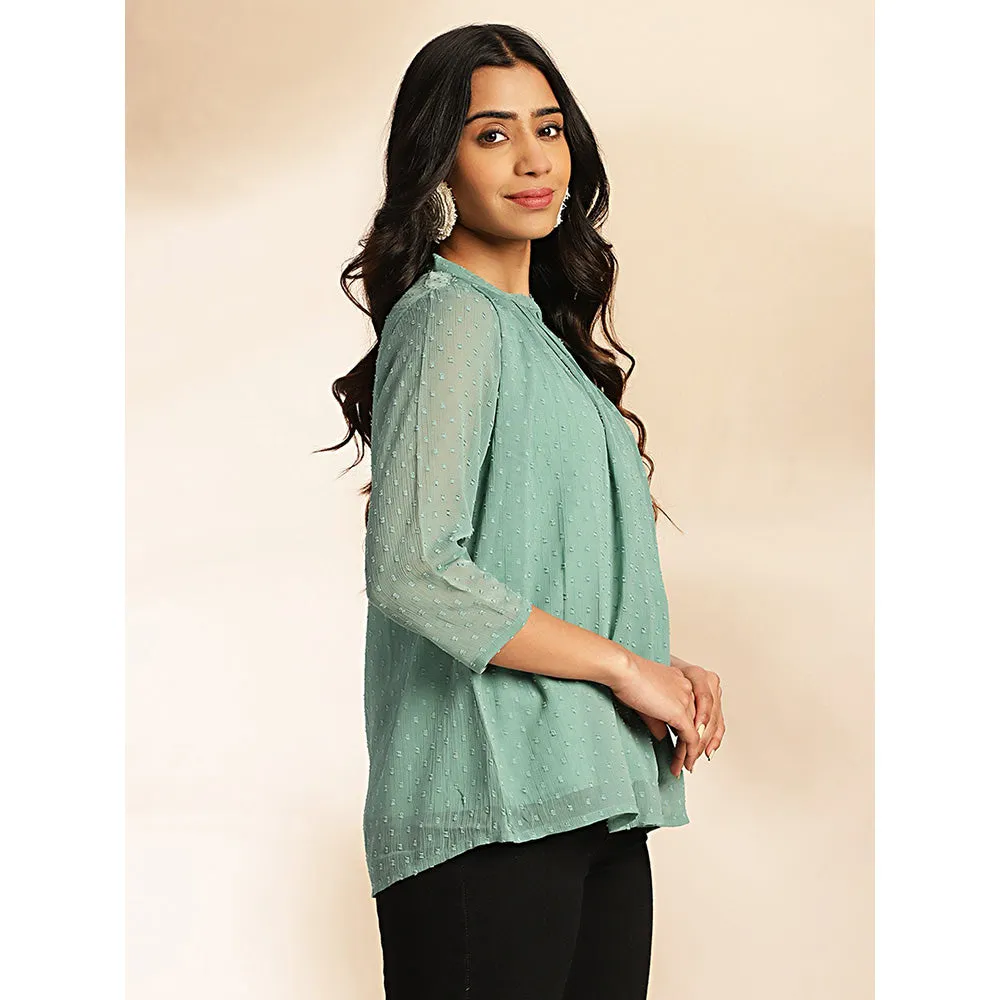 Janasya Womens Sage Dobby Chiffon Woven Design Regular Top