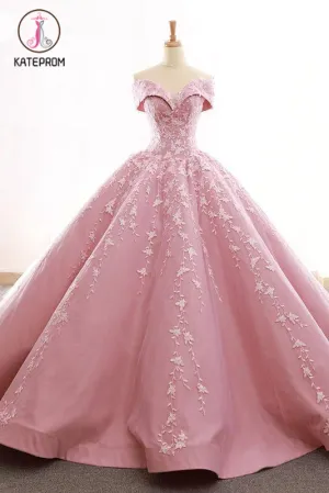 Kateprom Ball Gown Off the Shoulder Satin Prom Dress with Lace Appliques, Long Quinceanera Dress KPP1179