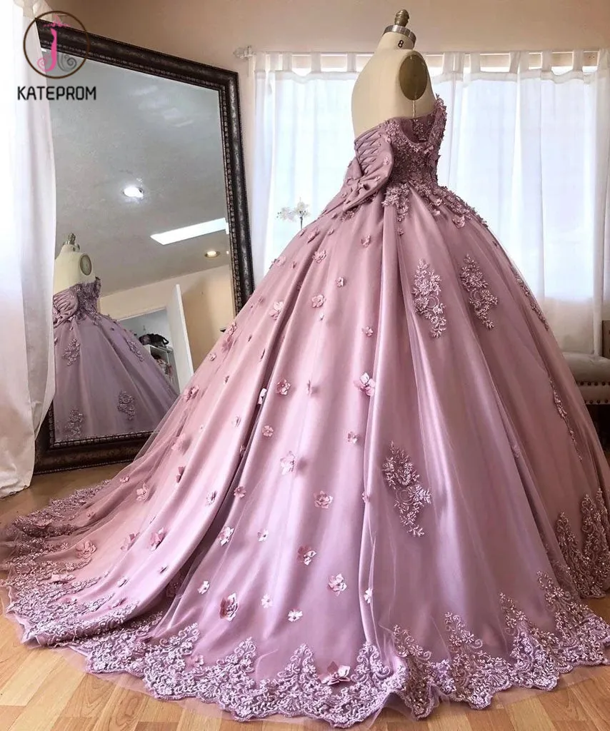 Kateprom Ball Gown Off the Shoulder Tulle Quinceanera Dress with Lace Appliques, Puffy Prom Dress KPP1178