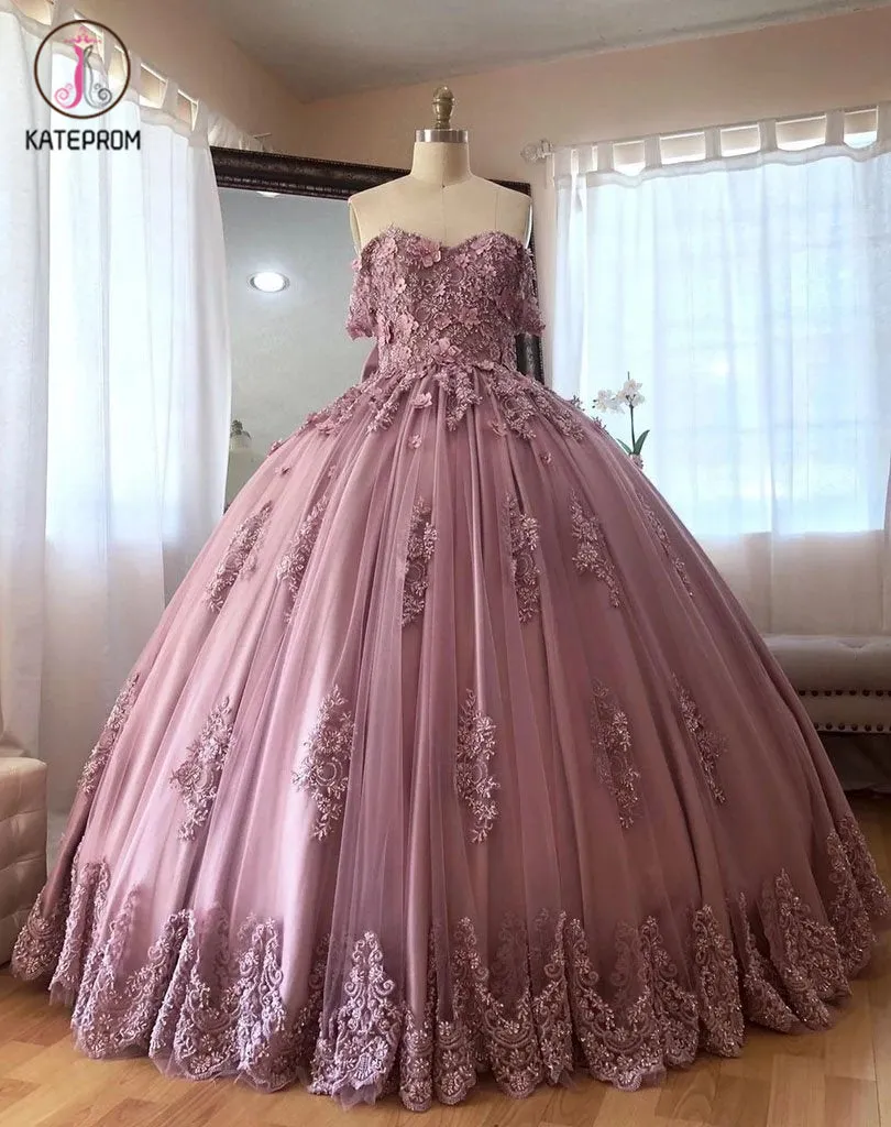 Kateprom Ball Gown Off the Shoulder Tulle Quinceanera Dress with Lace Appliques, Puffy Prom Dress KPP1178