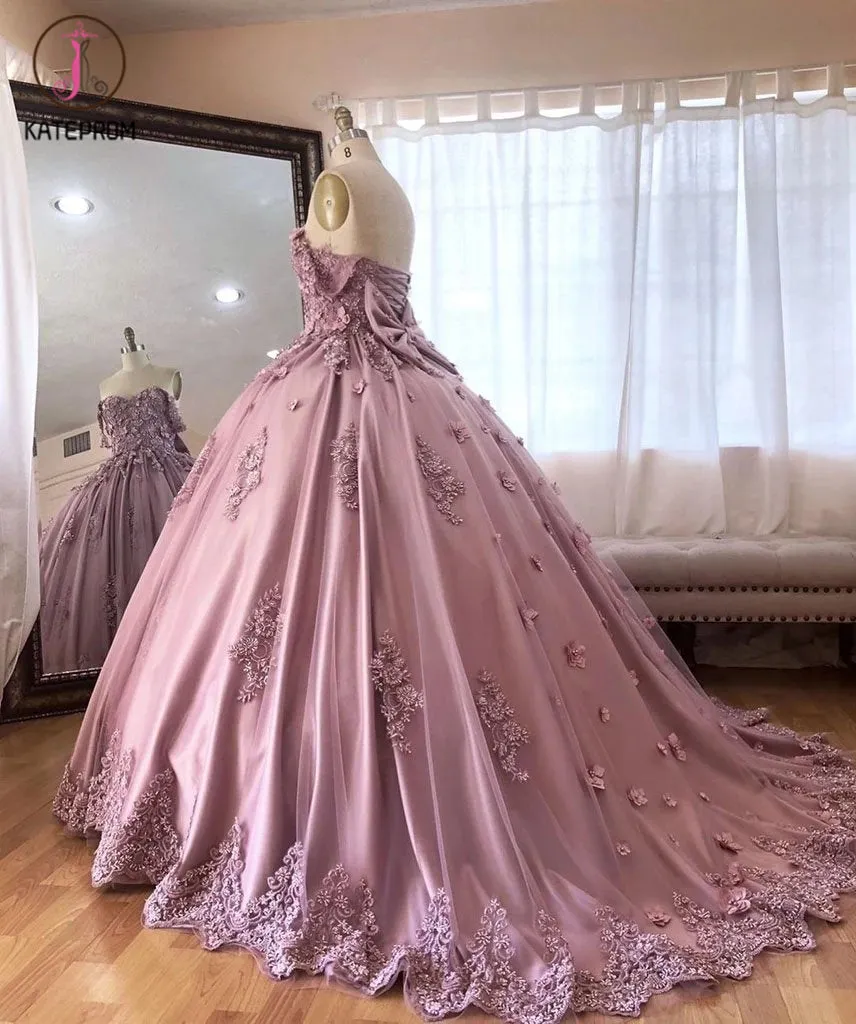 Kateprom Ball Gown Off the Shoulder Tulle Quinceanera Dress with Lace Appliques, Puffy Prom Dress KPP1178